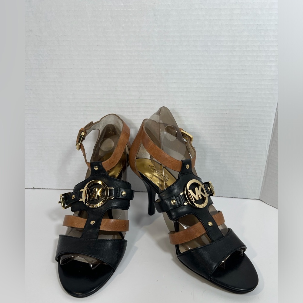Michael Kors Rustin MK Logo Leather T Strap Heels Sandals 8.5M Black Brown
